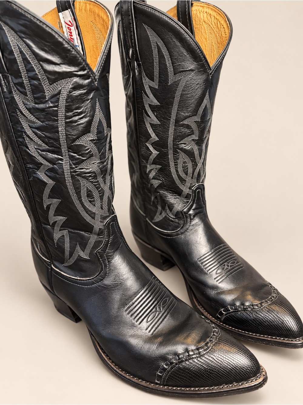 Tony Lama Black Leather Western Boots with Gray Stitching
